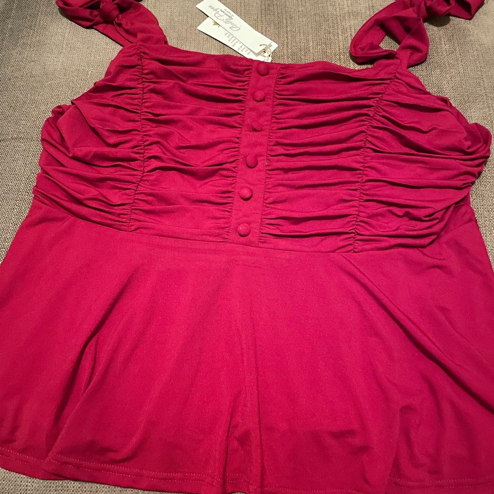 Red ruched tank top with tie straps